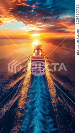 A luxury cruise ship sails through calm waters against a breathtaking sunset sky, offering a sense of grand travel adventures. 128485738