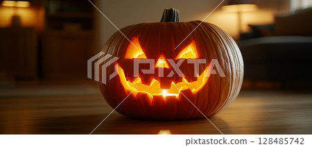 A carved pumpkin with an eerie glowing face sits on a wooden surface, illuminating the dimly lit room with its warm, orange light 128485742