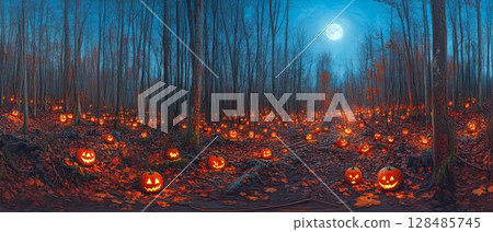 A mystical nighttime forest scene filled with hundreds of illuminated jack o lanterns on the ground, beneath bare trees and a bright full moon 128485745
