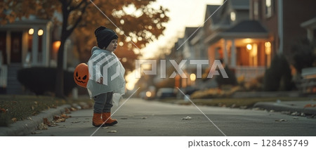 A child in a Halloween ghost costume holding a pumpkin bucket, standing on a suburban street at dusk 128485749