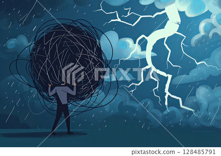 A man shoulders the weight of his problems under a stormy sky, emphasizing the emotional burden and the concept of mental health, symbolizing a struggle against adversity 128485791