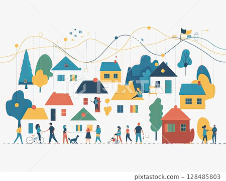 This delightful illustration showcases a vibrant community with colorful houses and people walking, cycling, and interacting, all connected by flowing lines and geometric elements 128485803
