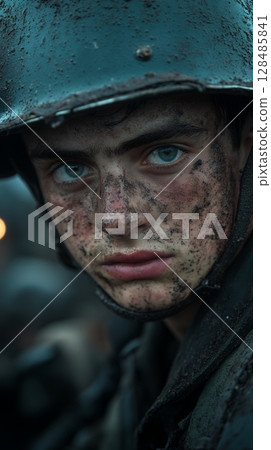 A mud-splattered soldier, wearing a helmet, stares intensely, showcasing the harsh realities of war 128485841