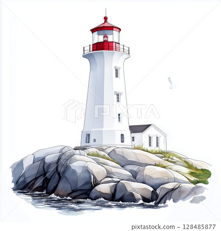 Peggys Cove Lighthouse. Peggy Cove Lighthouse hand drawn watercolor illustration Peggys Cove Lighthouse. Peggy Cove Lighthouse hand drawn watercolor illustration 128485877