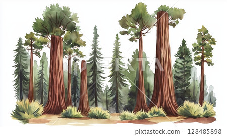 Redwood National and State Parks. Redwood National and State Parks hand drawn watercolor illustration Redwood National and State Parks. Redwood National and State Parks hand drawn watercolor illustration 128485898
