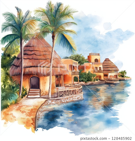Riviera Maya. Riviera Maya hand drawn watercolor illustration 128485902