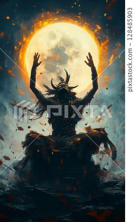 A shamanistic figure performs a ritual under a fiery moon, arms raised in supplication 128485903