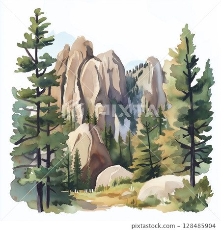 Rocky Mountain National Park. Rocky Mountain National Park hand drawn watercolor illustration 128485904