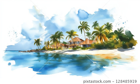 Saona Island. Saona Island hand drawn watercolor illustration 128485919