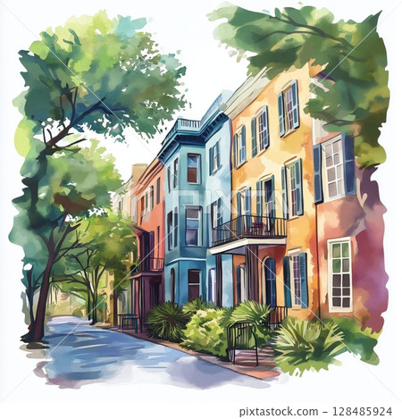 Savannah Historic District. Savannah Historic District hand drawn watercolor illustration 128485924