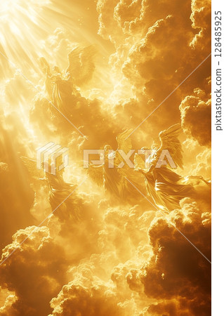Golden angels ascend through radiant clouds, bathed in divine light, a celestial scene of heavenly glory 128485925