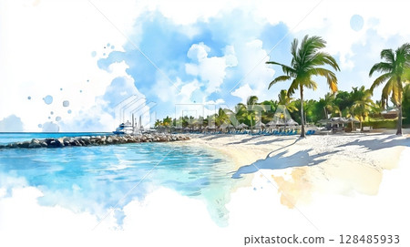 Seven Mile Beach. Seven Mile Beach hand drawn watercolor illustration Seven Mile Beach. Seven Mile Beach hand drawn watercolor illustration 128485933