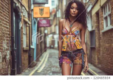 A captivating young woman with curly hair poses in a vibrant floral top and denim shorts down a charming cobblestone street 128485934