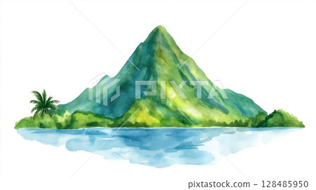 Soufriere Volcano. Soufriere Volcano hand drawn watercolor illustration Soufriere Volcano. Soufriere Volcano hand drawn watercolor illustration 128485950