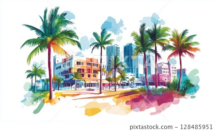 Miamis South Beach. Miami South Beach hand drawn watercolor illustration Miamis South Beach. Miami South Beach hand drawn watercolor illustration 128485951