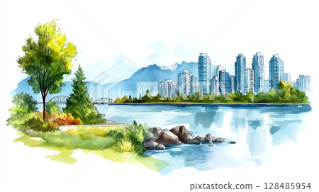 Stanley Park. Stanley Park hand drawn watercolor illustration 128485954
