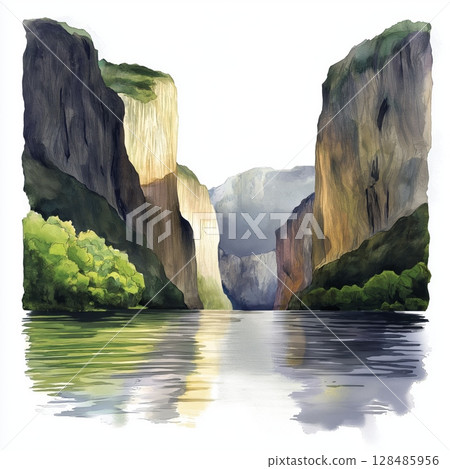 Sumidero Canyon National Park. Sumidero Canyon National Park hand drawn watercolor illustration 128485956