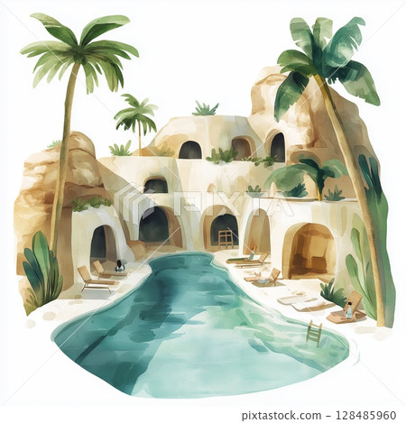 The Baths in Virgin Gorda. The Baths in Virgin Gorda hand drawn watercolor illustration 128485960