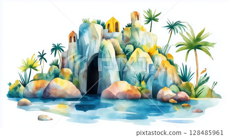 The Baths in Virgin Gorda. The Baths in Virgin Gorda hand drawn watercolor illustration 128485961