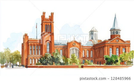 The Smithsonian Institution. The Smithsonian Institution hand drawn watercolor illustration 128485966