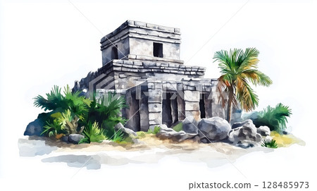 Tulum Ruins. Tulum Ruins hand drawn watercolor illustration Tulum Ruins. Tulum Ruins hand drawn watercolor illustration 128485973