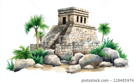 Tulum Ruins. Tulum Ruins hand drawn watercolor illustration Tulum Ruins. Tulum Ruins hand drawn watercolor illustration 128485974