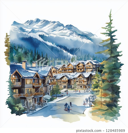 Whistler Blackcomb. Whistler Blackcomb hand drawn watercolor illustration 128485989