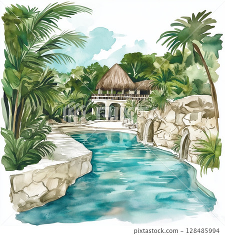 Xcaret Eco Park. Xcaret Eco Park hand drawn watercolor illustration Xcaret Eco Park. Xcaret Eco Park hand drawn watercolor illustration 128485994
