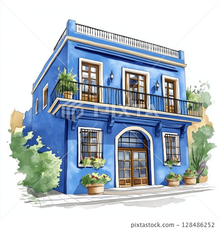 Frida Kahlo Museum. Frida Kahlo Museum hand drawn watercolor illustration 128486252