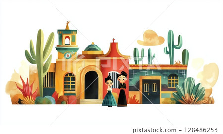 Frida Kahlo Museum. Frida Kahlo Museum hand drawn watercolor illustration 128486253