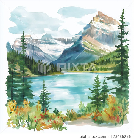 Glacier National Park of Canada. Glacier National Park of Canada hand drawn watercolor illustration 128486256