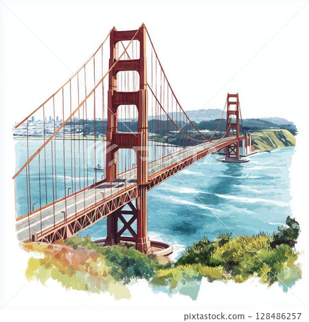 Golden Gate Bridge. Golden Gate Bridge hand drawn watercolor illustration Golden Gate Bridge. Golden Gate Bridge hand drawn watercolor illustration 128486257
