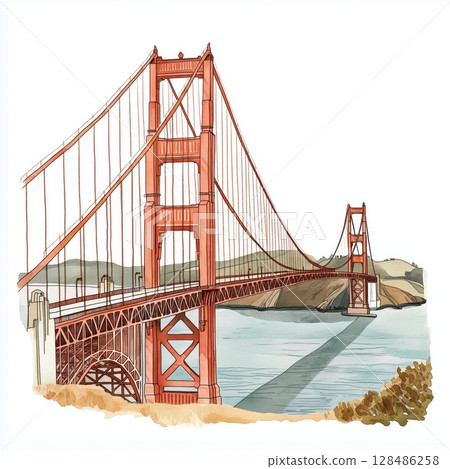 Golden Gate Bridge. Golden Gate Bridge hand drawn watercolor illustration 128486258