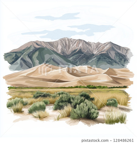 Great Sand Dunes National Park. Great Sand Dunes National Park hand drawn watercolor illustration 128486261
