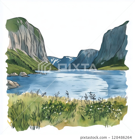 Gros Morne National Park. Gros Morne National Park hand drawn watercolor illustration 128486264