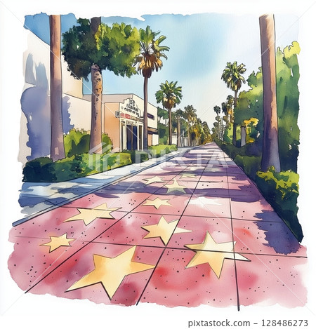 Hollywood Walk of Fame. Hollywood Walk of Fame hand drawn watercolor illustration Hollywood Walk of Fame. Hollywood Walk of Fame hand drawn watercolor illustration 128486273