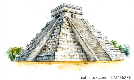 Chichen Itza. Chichen Itza hand drawn watercolor illustration Chichen Itza. Chichen Itza hand drawn watercolor illustration 128486278