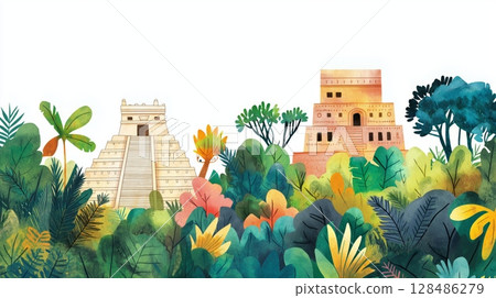 Chichen Itza. Chichen Itza hand drawn watercolor illustration Chichen Itza. Chichen Itza hand drawn watercolor illustration 128486279