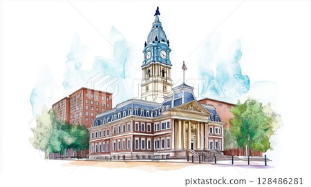 Independence Hall. Independence Hall hand drawn watercolor illustration Independence Hall. Independence Hall hand drawn watercolor illustration 128486281