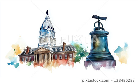 Independence Hall and Liberty Bell. Independence Hall and Liberty Bell hand drawn watercolor illustration 128486282