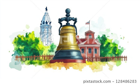 Independence Hall and Liberty Bell. Independence Hall and Liberty Bell hand drawn watercolor illustration Independence Hall and Liberty Bell. Independence Hall and Liberty Bell hand drawn watercolor illustration 128486283