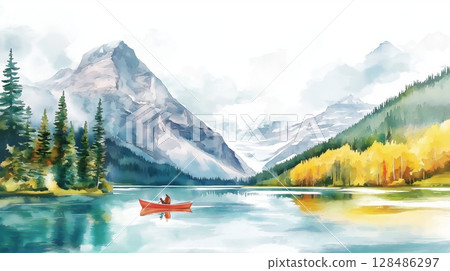 Lake Louise. Lake Louise hand drawn watercolor illustration Lake Louise. Lake Louise hand drawn watercolor illustration 128486297
