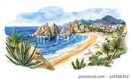 Los Cabos. Los Cabos hand drawn watercolor illustration Los Cabos. Los Cabos hand drawn watercolor illustration 128486302
