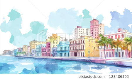 Malecon. Malecon hand drawn watercolor illustration 128486303
