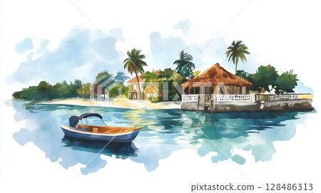 Montego Bay. Montego Bay hand drawn watercolor illustration Montego Bay. Montego Bay hand drawn watercolor illustration 128486313