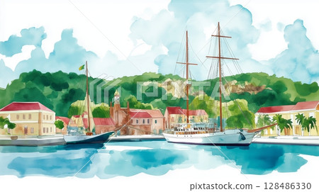 Nelson Dockyard. Nelsons Dockyard hand drawn watercolor illustration 128486330