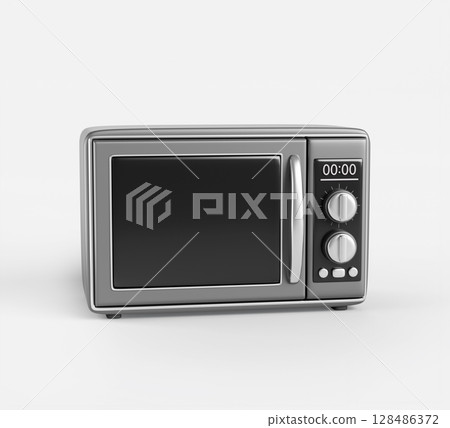 3d microwave oven stainless steel render icon. Home appliance for cooking, heating or defrosting food. Kitchen silver electrical device with display, button and black glass mica plate. 3D illustration 128486372