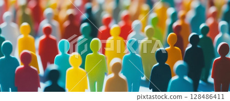 Wooden Figures. A row of colorful human figures stand together, symbolizing of diversity. Importance of inclusion, teamwork. People Silhouettes. Concepts of unity in our society. Humanity. Copy Space 128486411