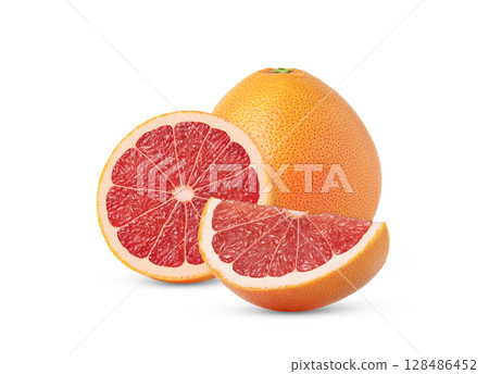 Whole pink grapefruit and two slices isolated. Grapefruit and a half and a slice isolated. 128486452