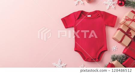 Red Baby Onesie on Winter Holiday Festive Background. Fashion newborn clothes. Flat lay, top view. Baby kids soft organic cotton clothing. Infant trendy bodysuit, product promo. Gender neutral. Gift 128486512
